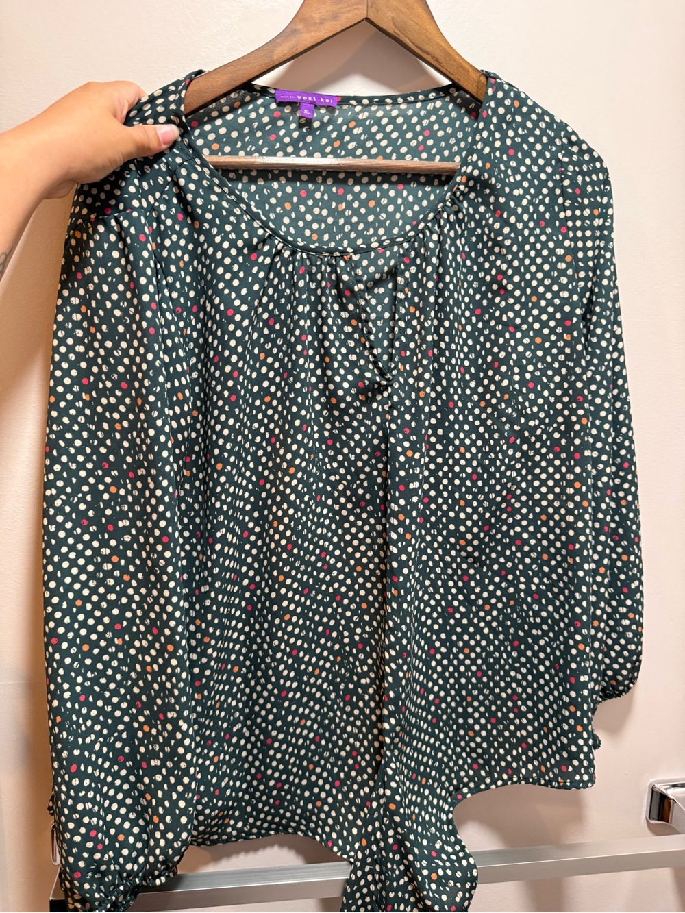 West Kei Forest Green Polka Dot Tie-Neck Blouse